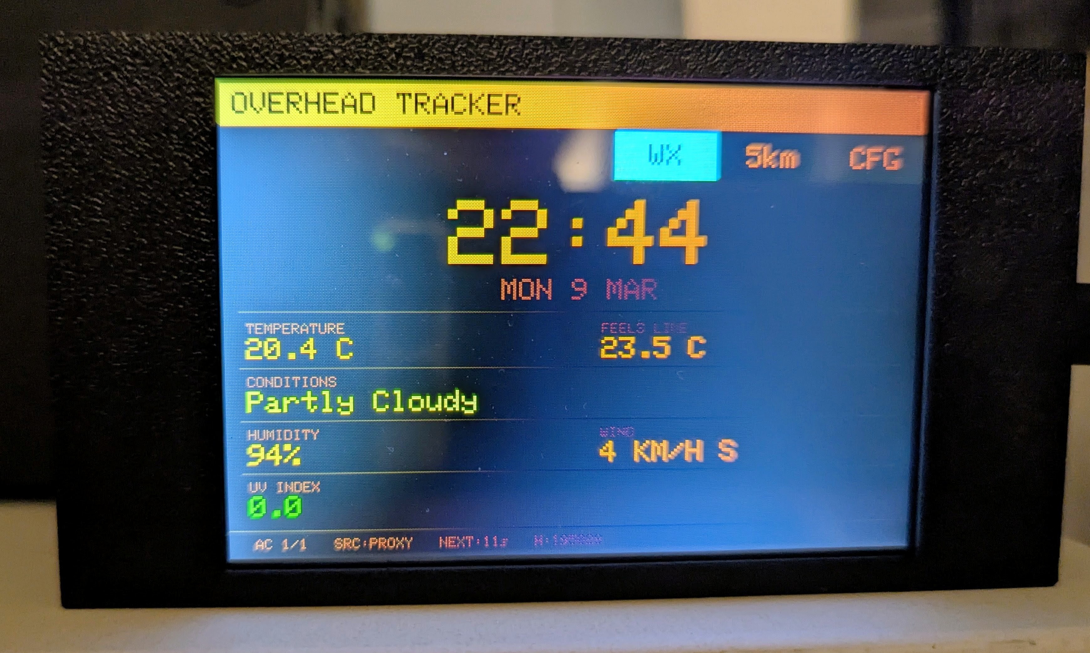 Weather screen: 20.4C, partly cloudy, 94% humidity — Monday 9 March