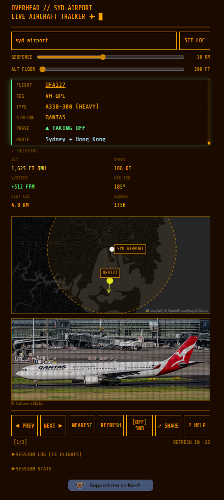 The Overhead Tracker web app showing QFA127, a Qantas A330-300 taking off from Sydney toward Hong Kong, with live telemetry, dark map, and aircraft photo